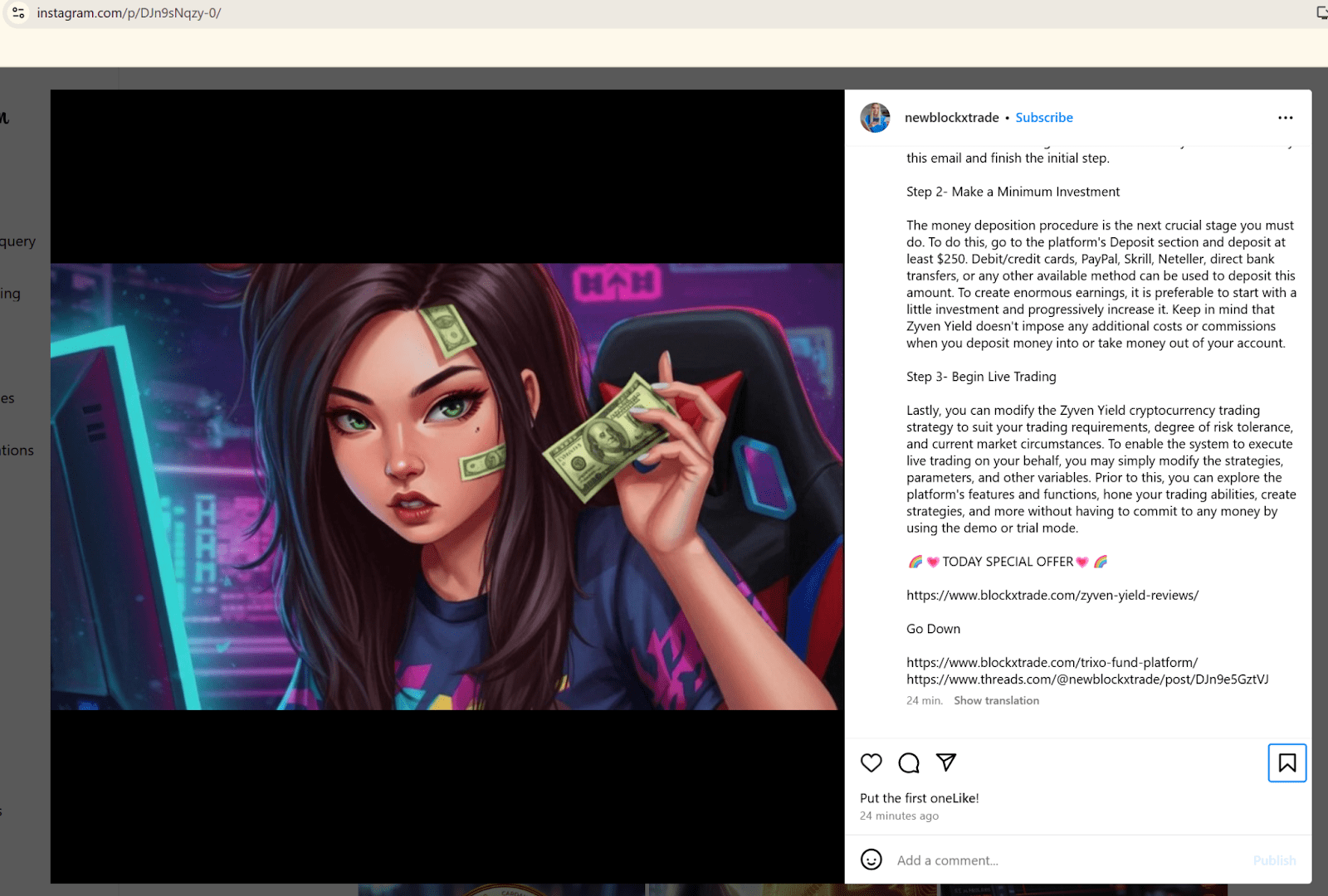 Figure 24, Screenshot of an Instagram post with a link to a fake review