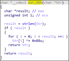 Fragments of code of the XOR encrypting function in BlueTraveller
