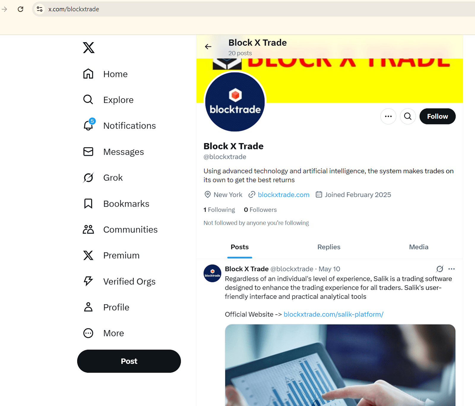 Figure 25, Screenshot of a X profile “Block X Trade” with a post which includes a link to a fake review