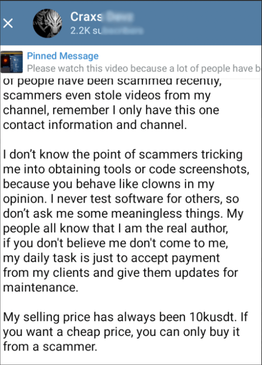 Screenshot from EVLF’s Telegram channel about him being the real author