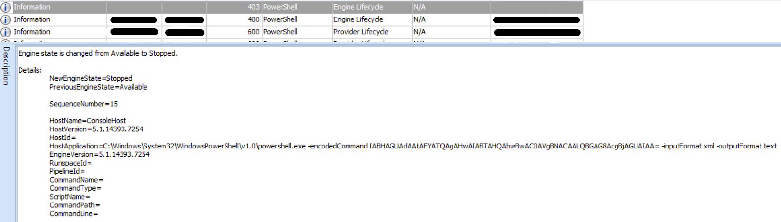 Figure 25. Screen shot of the extract logs of the Powershell encoded command