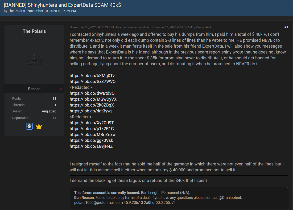 Screenshot of a post by The Polaris who alleged friendly links between users ShinyHunters and ExpertData