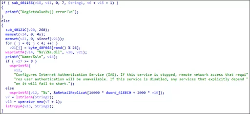 Fragments of code with DLL name randomization in BlueTraveller