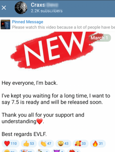 Screenshot on EVLF’s new Telegram channel first mentioning about Craxs Rat v7.5