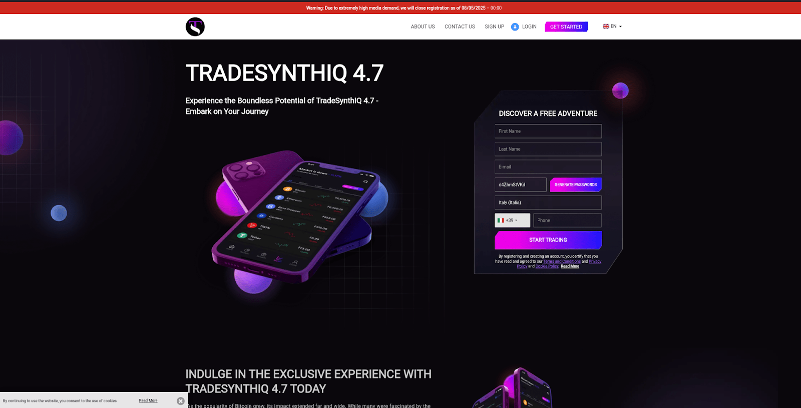 Figure 28, Screenshot of a scam AI trading platform titled “TRADESYNTHIQ 4.7”