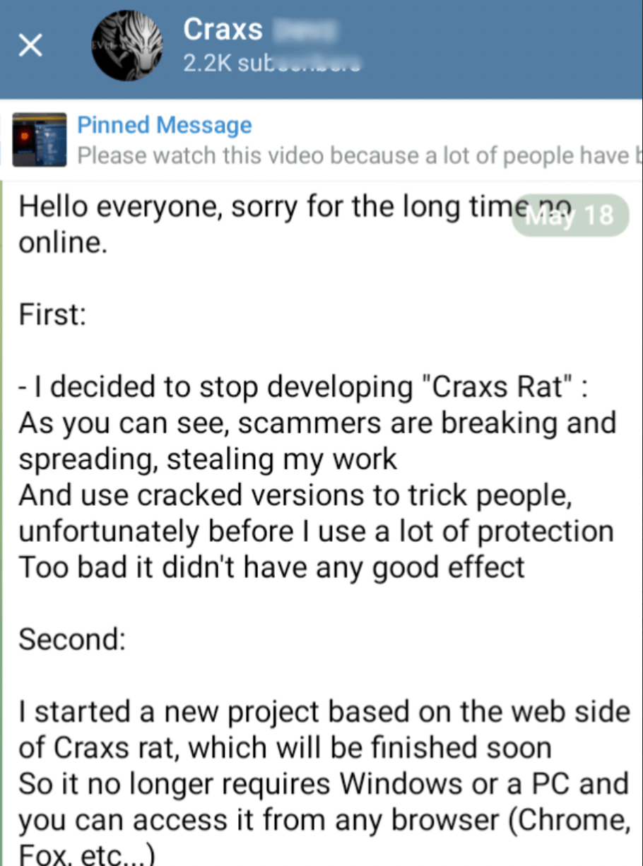 Screenshot of EVLF’s new Telegram channel about stopping development of Crax Rat