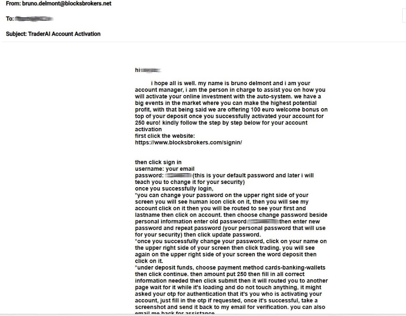 Figure 29, Screenshot of an email received from a scam AI trading platform