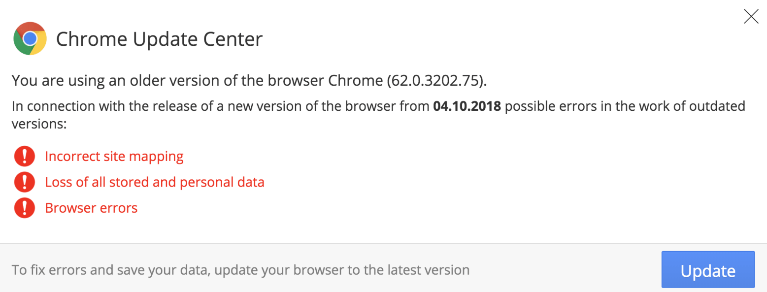 Fake browser update window