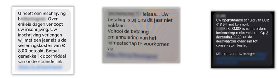 3-min SMS messages containing malicious links screenshot
