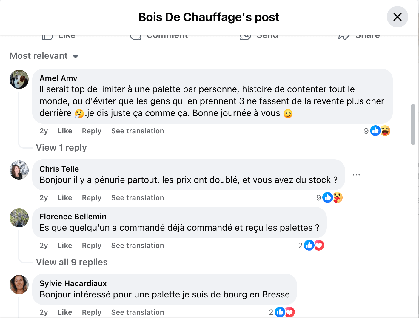 Figure 3. A screenshot from Facebook with comments from other users showing interest in the sale of pallets and firewood offered from the scammer.