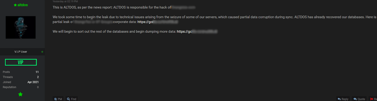 Figure 3. A screenshot of a post under the nickname altdos on RaidForums.
