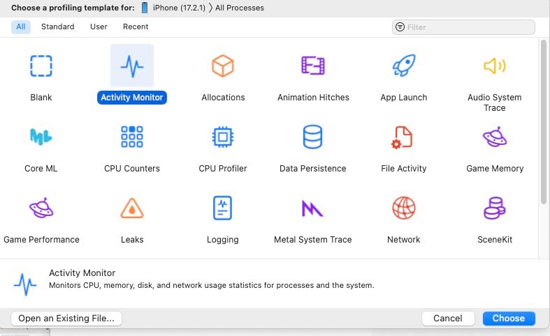 Showcasing XCode instruments profile selection