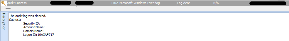 Figure 30. Screen shot of the extract logs deletion security events