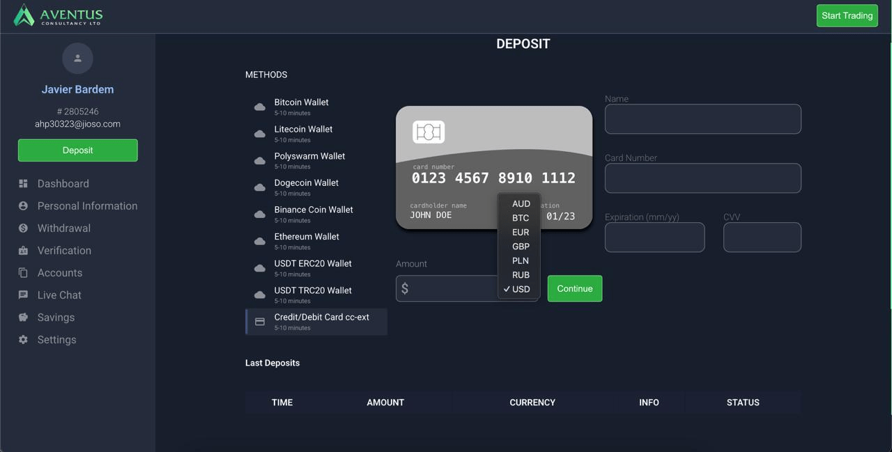 Figure 32, Screenshot of a scam AI trading platform interface, displaying payment method options with currencies