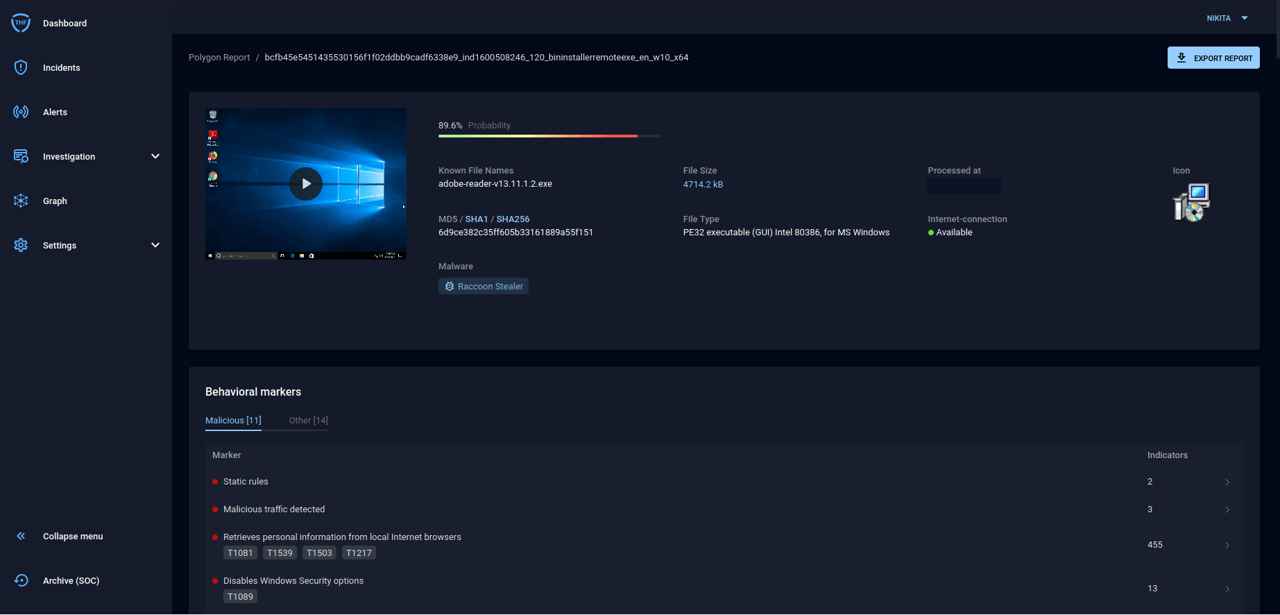 raccoon stealer file in group-ib managed xdr interface