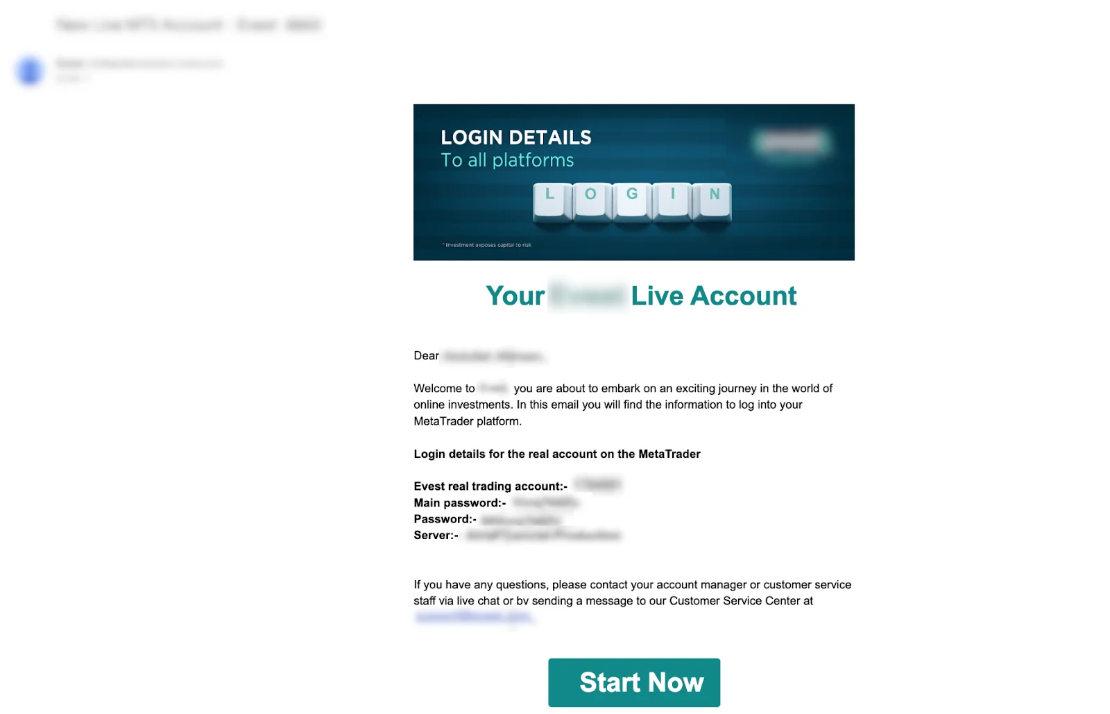 Screenshot of initial email sent to user.
