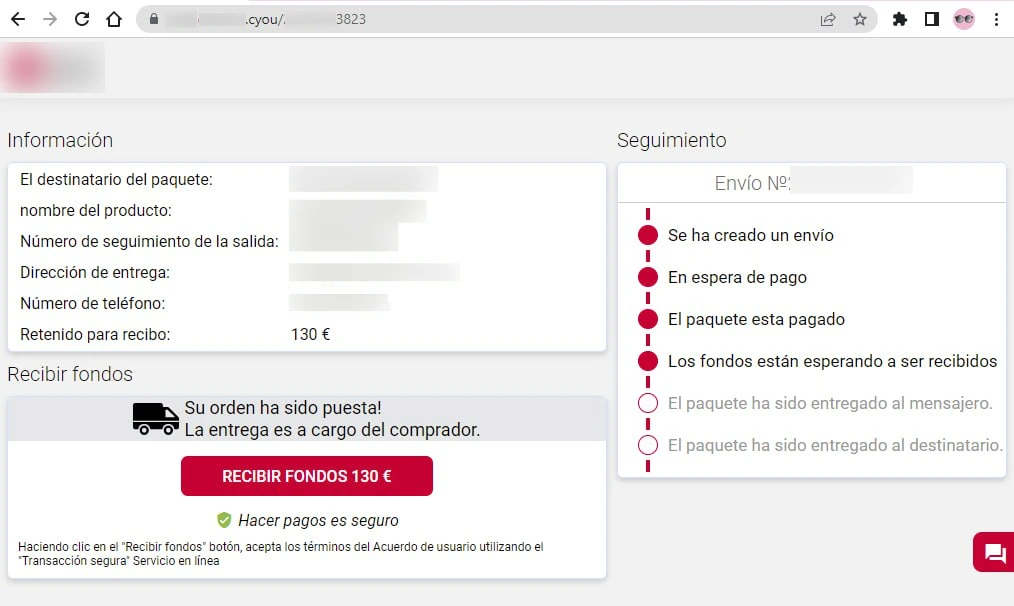 Example of phishing link generated by Classiscam