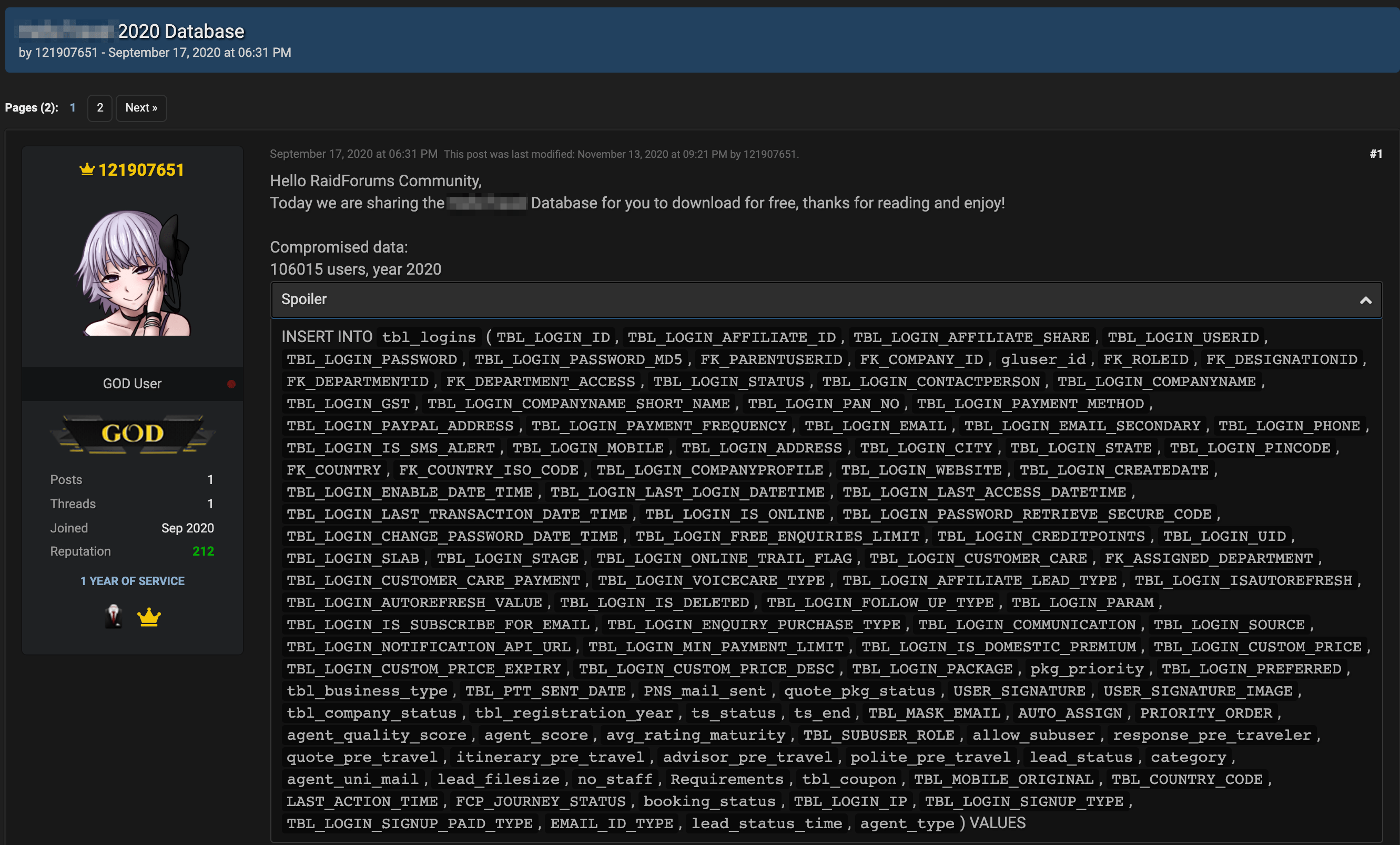 ExpertData's post offering for sale a database