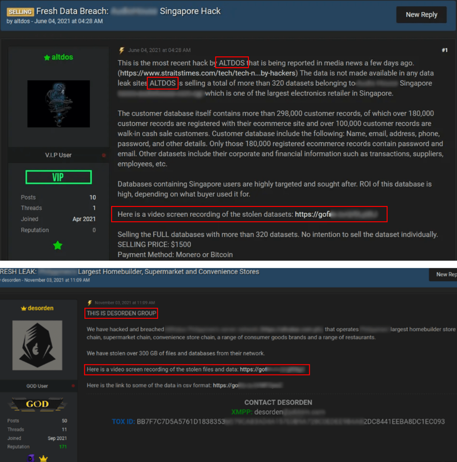 Figure 4. A comparison of one of ALTDOS’ posts (top), and DESORDEN’s post (bottom) on RaidForums.