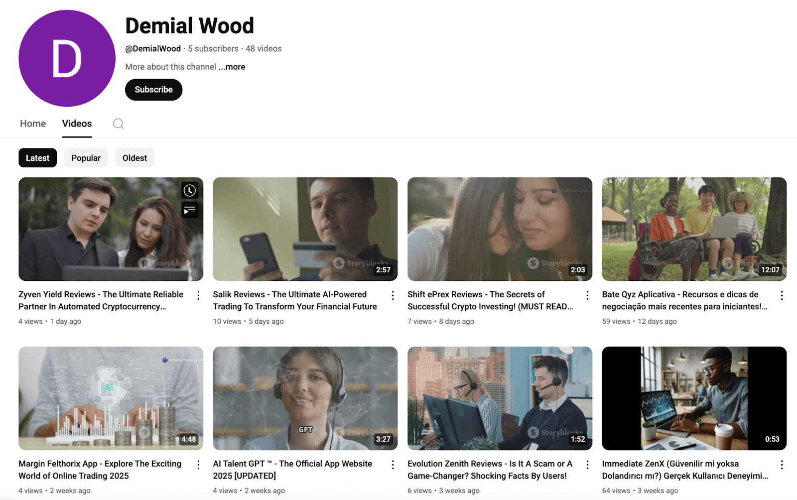 Figure 4, Screenshot of a YouTube channel “Demial Wood” which is involved in this campaign, https://www.youtube.com/@DemialWood/videos