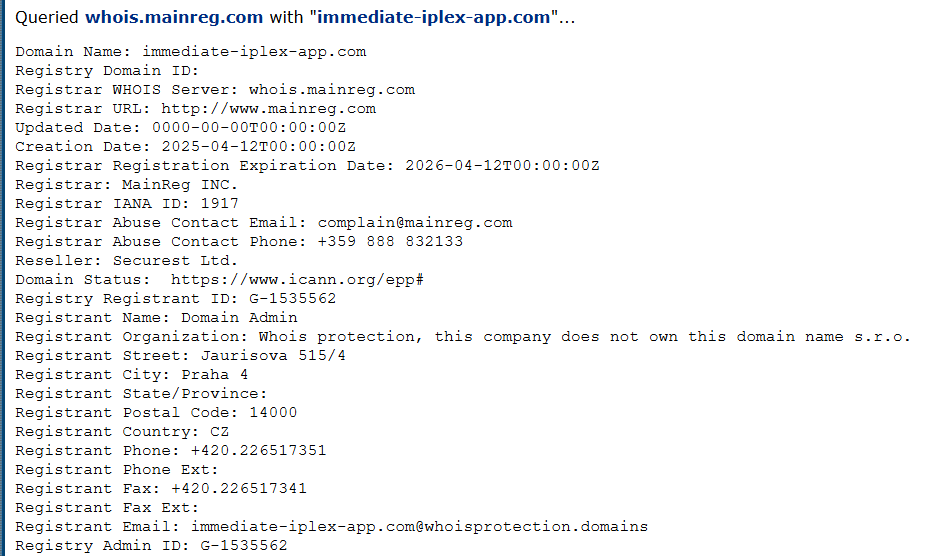 Figure 41, Screenshot of a whois records for a scam domain immediate-iplex-app[.]com which is involved in this campaign