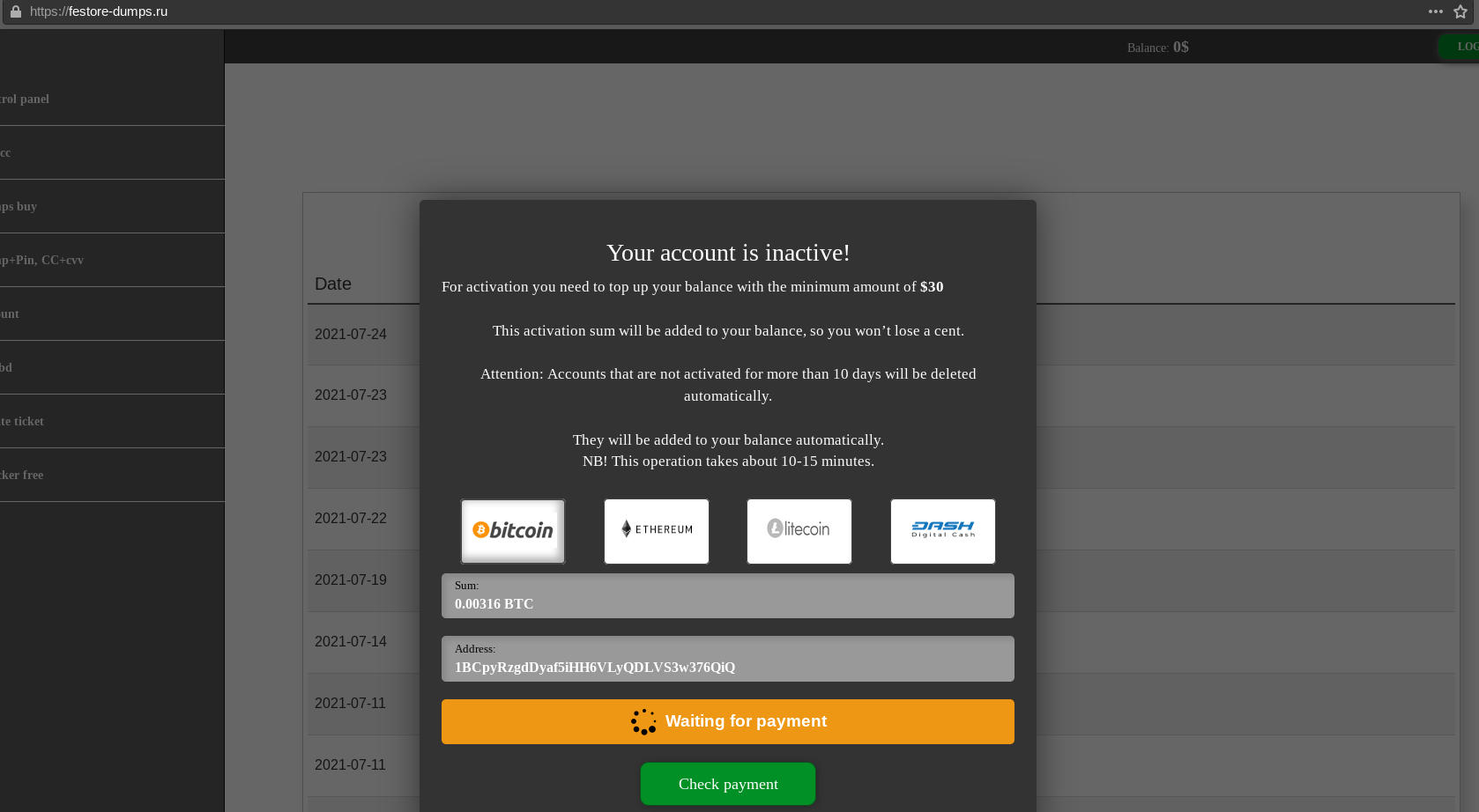 The fake shop festore-dumps[.]ru screenshot