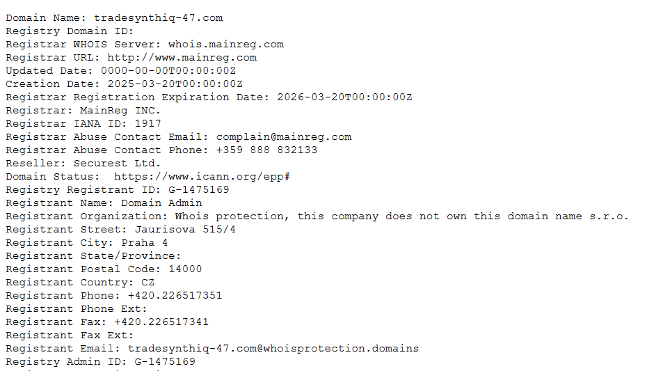 Figure 42, Screenshot of a whois records for a scam domain tradesynthiq-47[.]com which is involved in this campaign