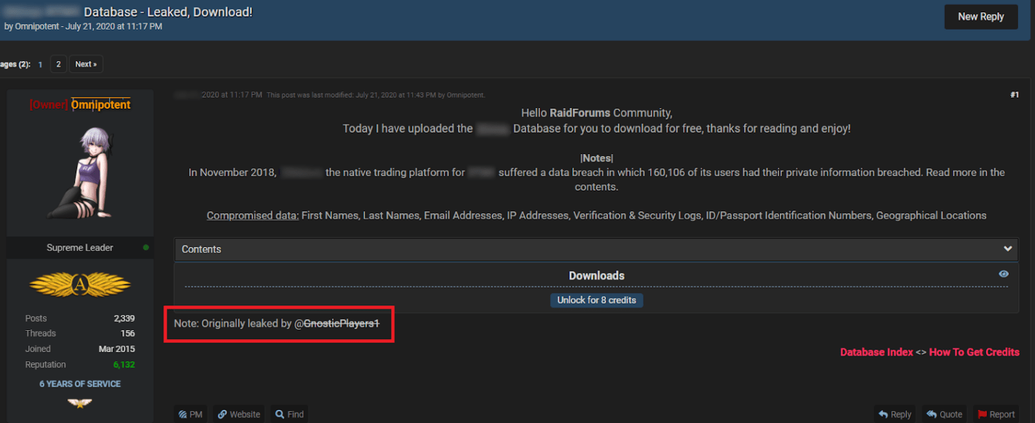 Post of Omnipotent about an uploaded database