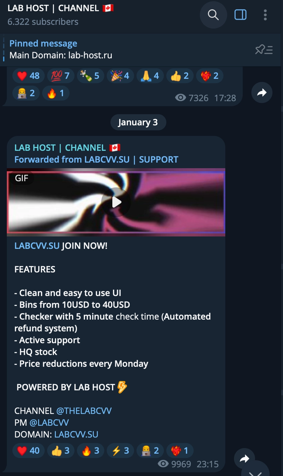 LabCVV credit card shop in telegram screenshot