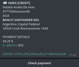 Screenshot of a Telegram bot that sells textual bank card data