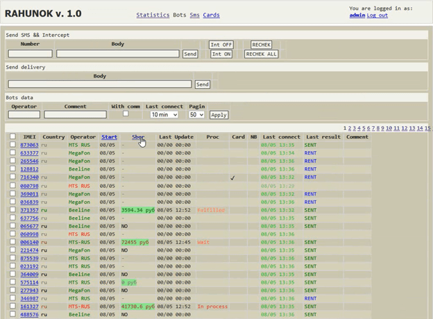Rahunok control panel