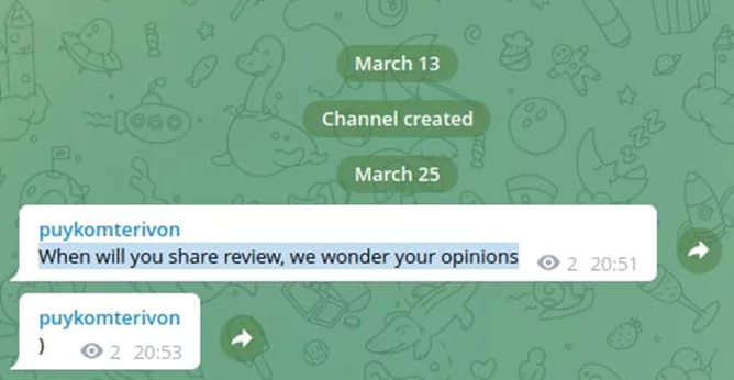Telegram screen - asking review of the Godfather banking trojan