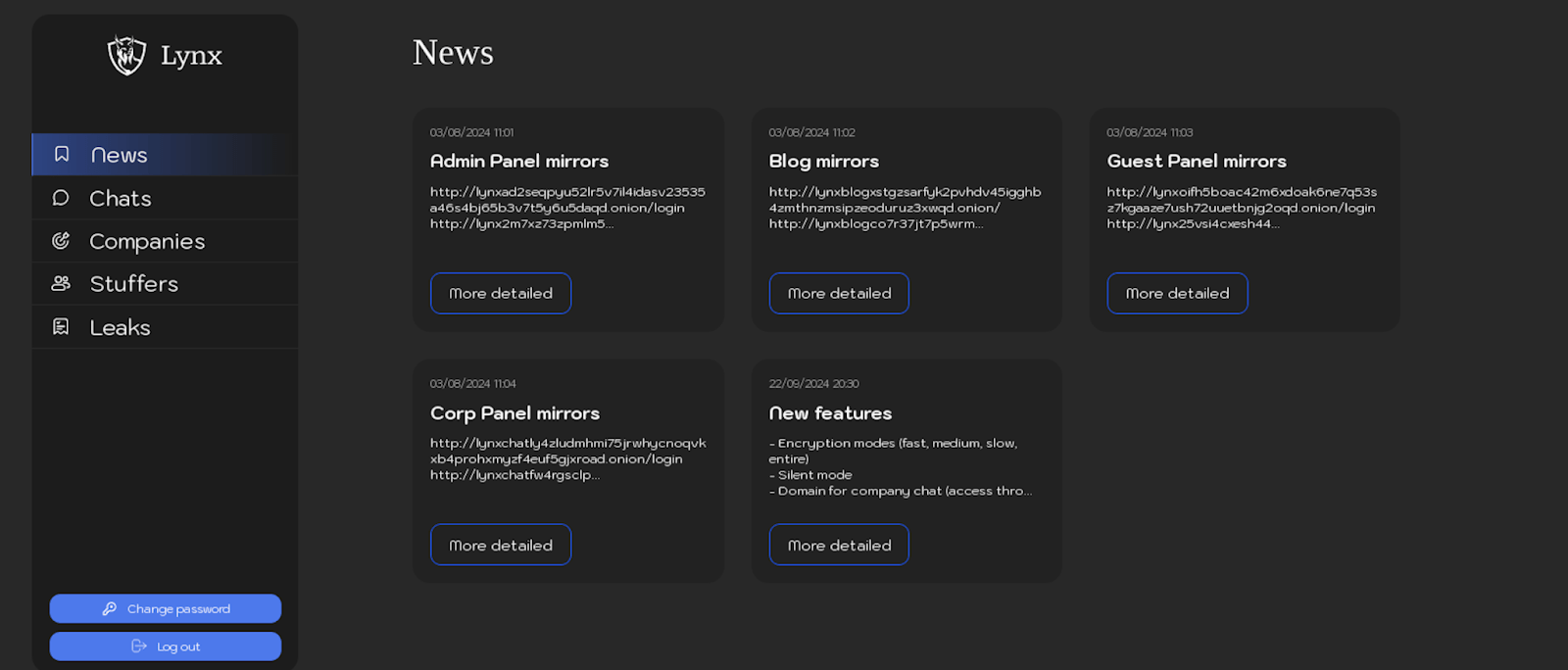 Figure 5. Screenshot of the section “News” of Lynx ransomware panel.