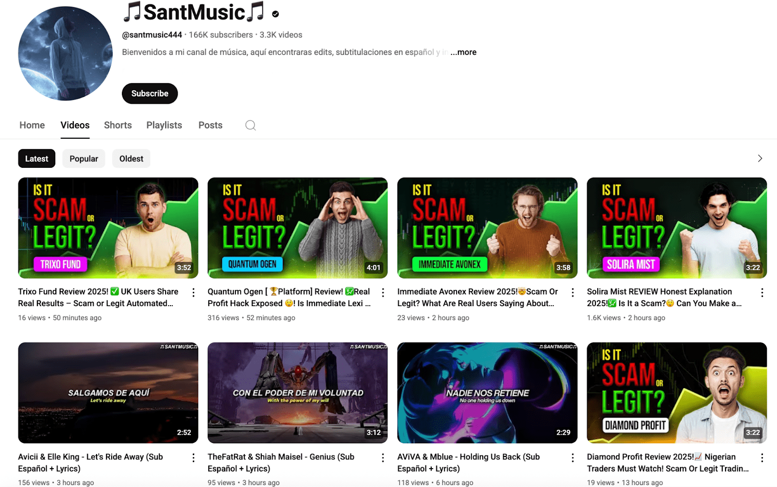 Figure 5, Screenshot of a YouTube channel “SantMusic” which is involved in this campaign, https://www.youtube.com/@santmusic444/videos