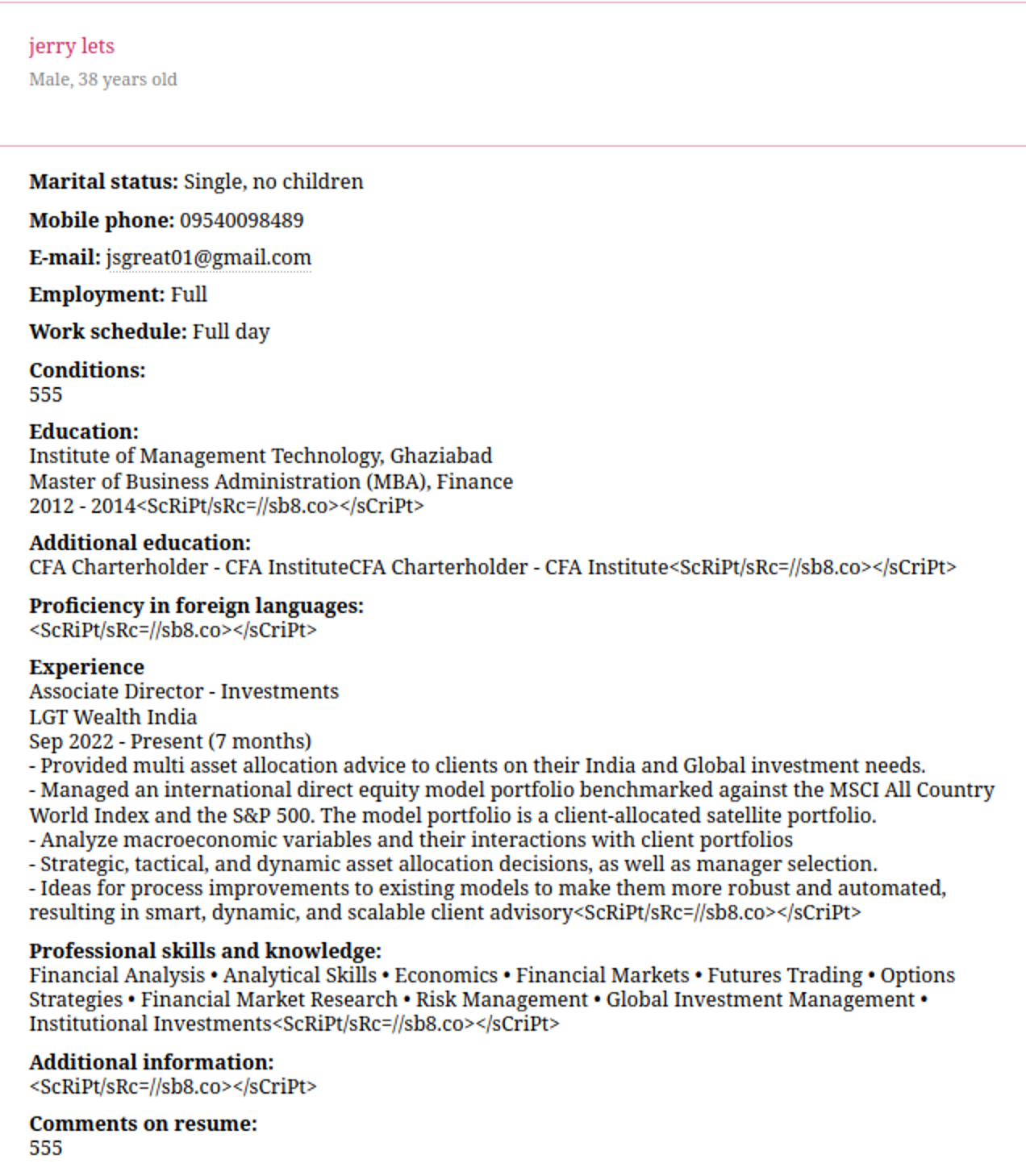 Fake CV posted by ResumeLooters