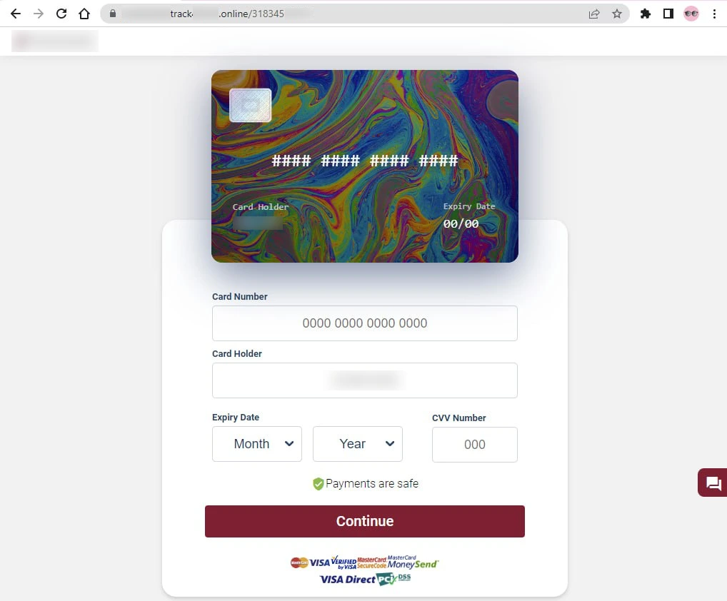 Example of phishing form sent to victim