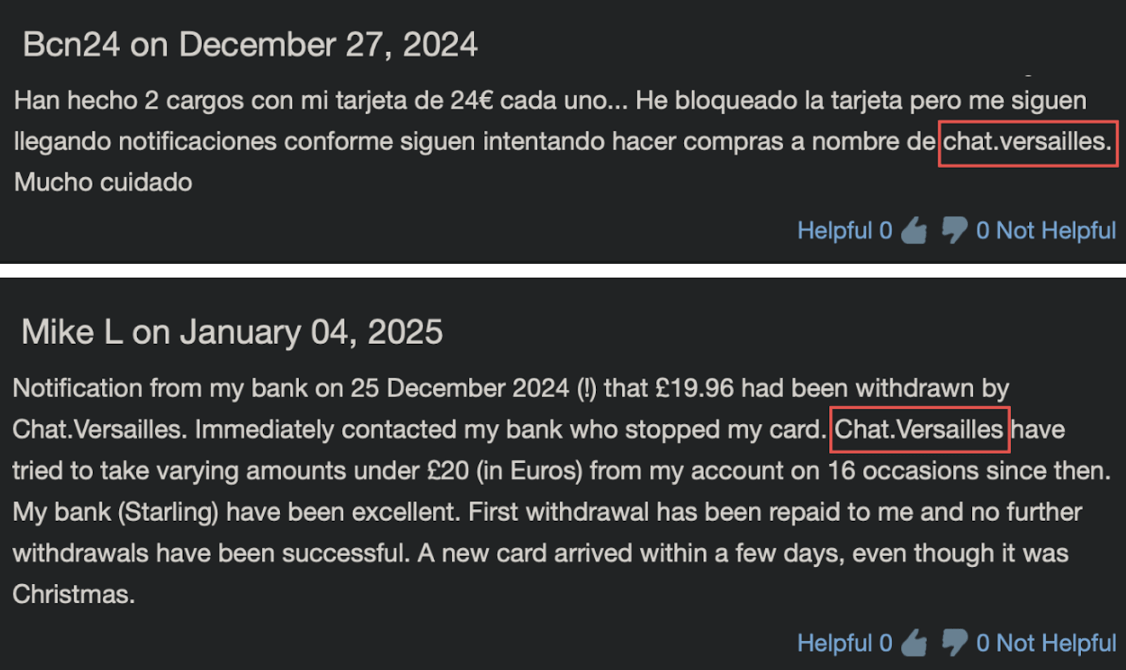Figure 6. Screenshot of users reporting fraudulent charges relating to CHAT.VERSAILLES on their credit cards. (Source: scamcharge.com)