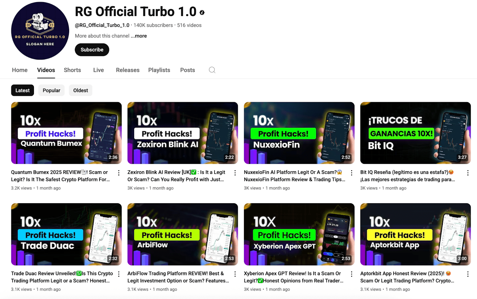 Figure 6, Screenshot of a YouTube channel “RG Official Turbo 1.0” which is involved in this campaign, https://www.youtube.com/@RG_Official_Turbo_1.0/videos