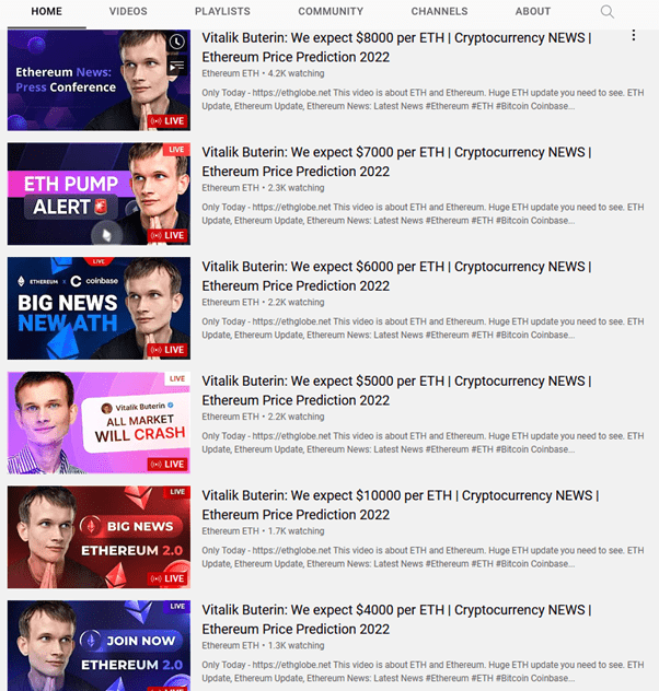 screenshot of a fake youtube videos