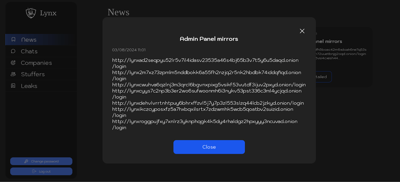Figure 6. Screenshots of posts in the “News” section of Lynx ransomware panel, dated 3 August 2024. Figure 6. Screenshots of posts in the “News” section of Lynx ransomware panel, dated 3 August 2024.