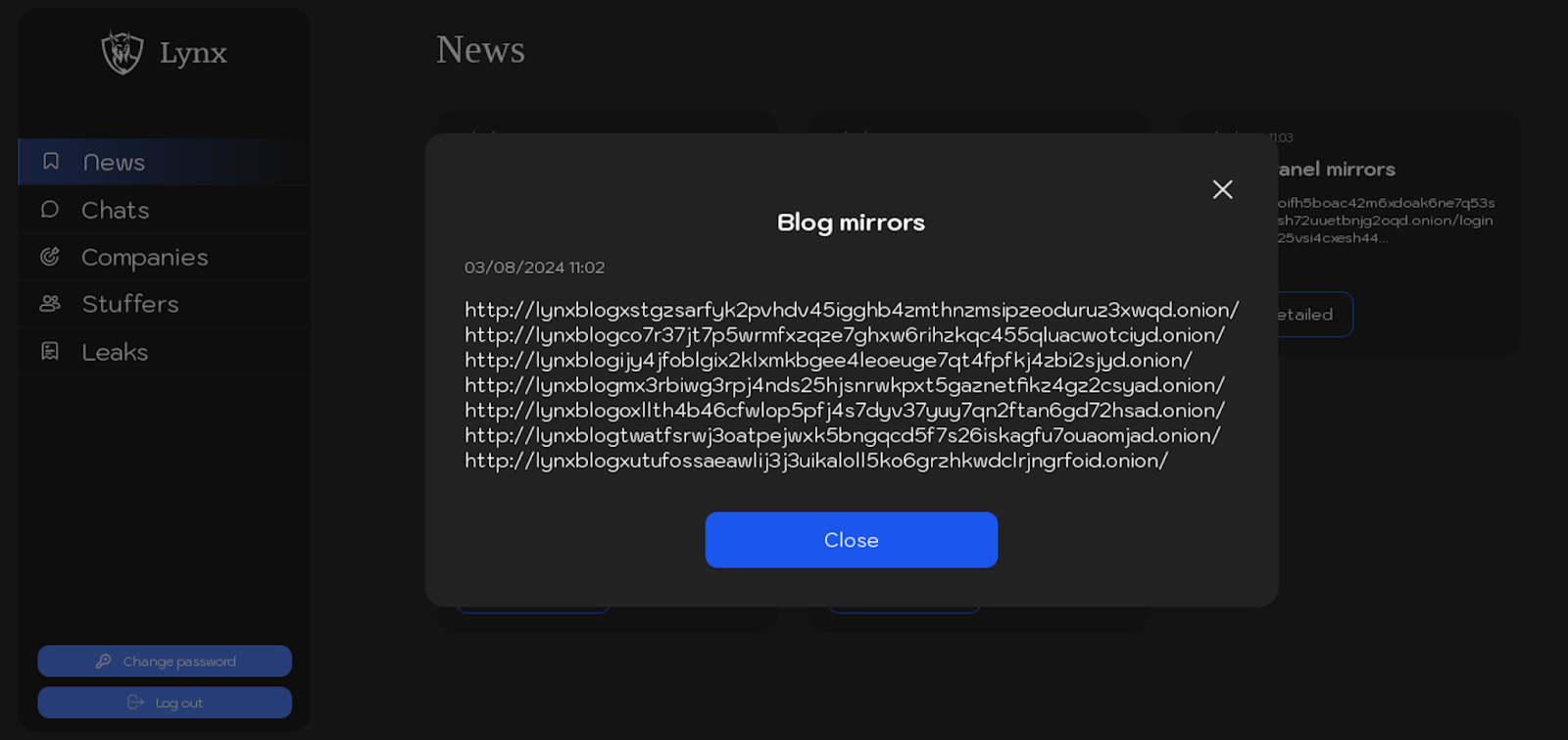 Figure 6. Screenshots of posts in the “News” section of Lynx ransomware panel, dated 3 August 2024. Figure 6. Screenshots of posts in the “News” section of Lynx ransomware panel, dated 3 August 2024.