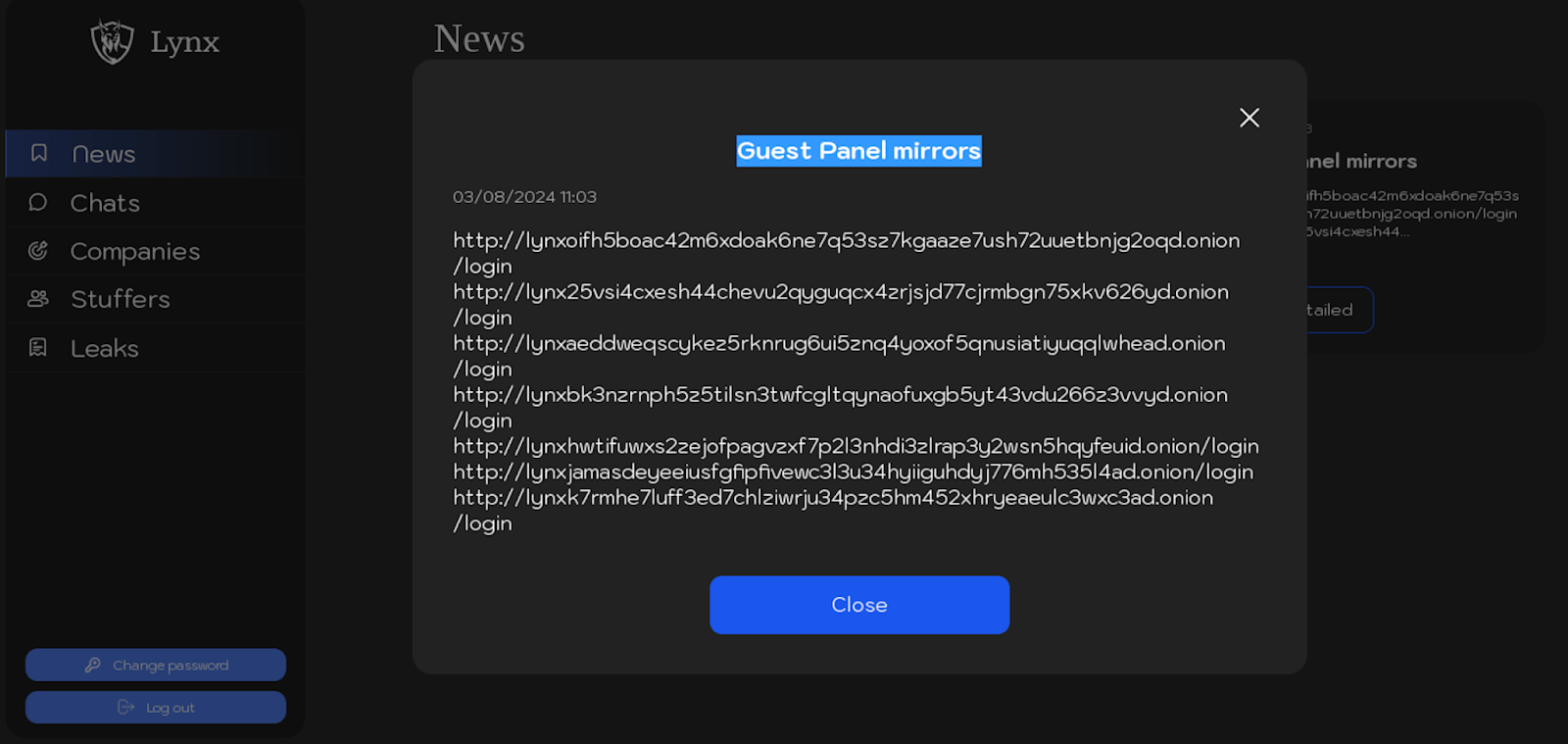 Figure 6. Screenshots of posts in the “News” section of Lynx ransomware panel, dated 3 August 2024. Figure 6. Screenshots of posts in the “News” section of Lynx ransomware panel, dated 3 August 2024.