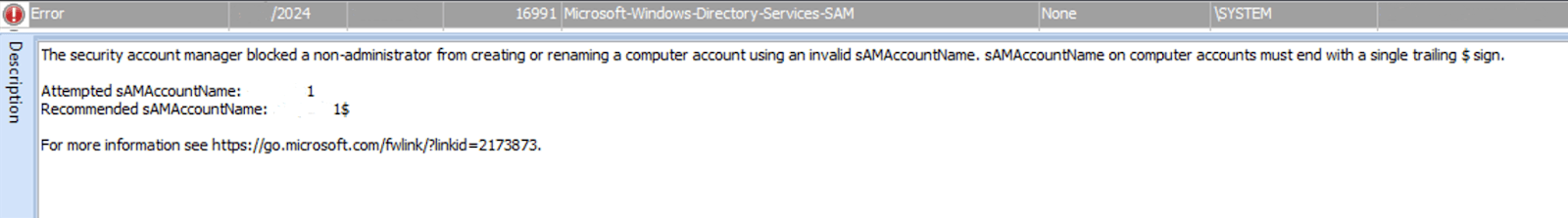 Figure 7. Screen shot of the extract logs sAMAccount spoofing