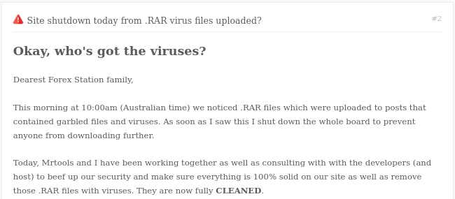 7 Admin notification that the forum has been cleaned of malicious files.