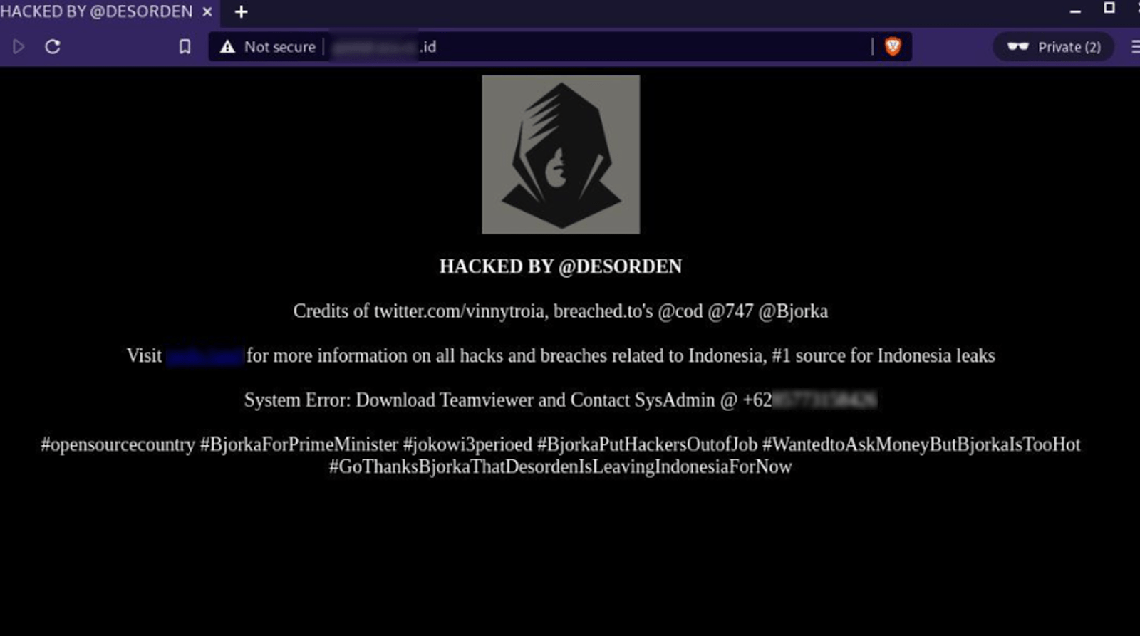 Figure 7. A screenshot of an Indonesian website defaced by DESORDEN, cod, 747, and Bjorka.