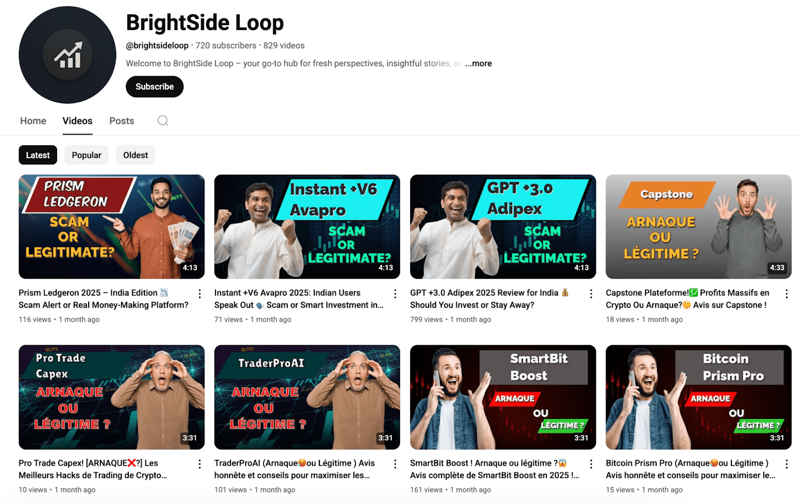 Figure 7, Screenshot of a YouTube channel “BrightSide Loop” which is involved in this campaign, https://www.youtube.com/@brightsideloop/videos