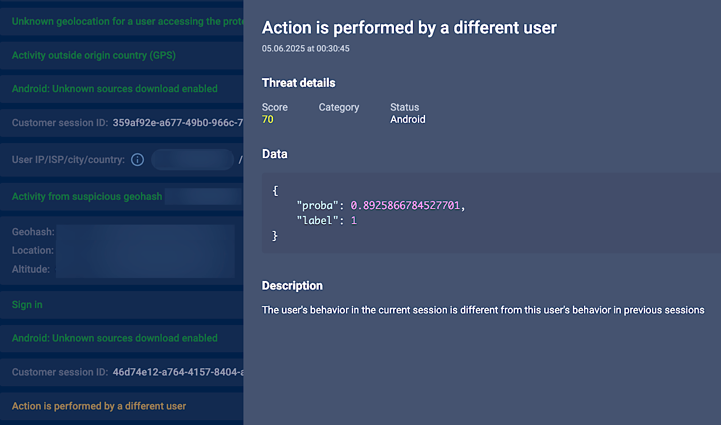 Figure 7. Detection of unknown geolocation outside the country of origin and behavior pattern change for the user's account on the same device.